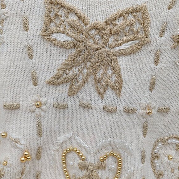 Work In Progress Women’s Ivory Sweater Size XL 18 / 20 Beaded Hearts Bow - Picture 10 of 12